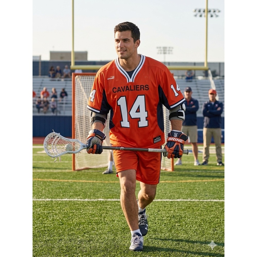 Brine Cavaliers Lacrosse Jersey Mens Large Orange Navy Blue Number 14 Mesh Shirt